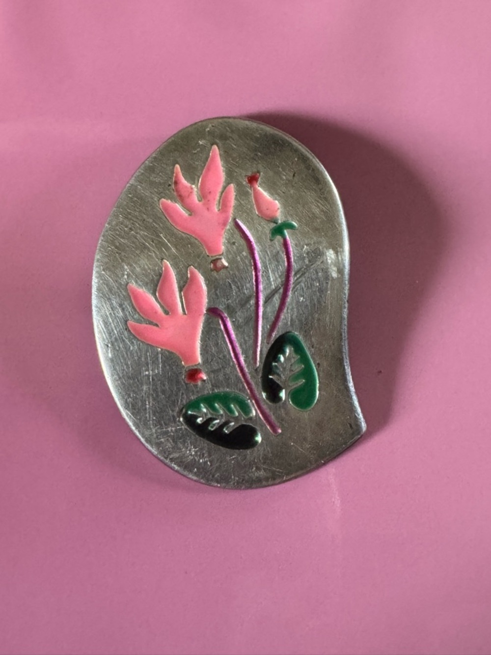 Pink Floral Enamel Silver Brooch
